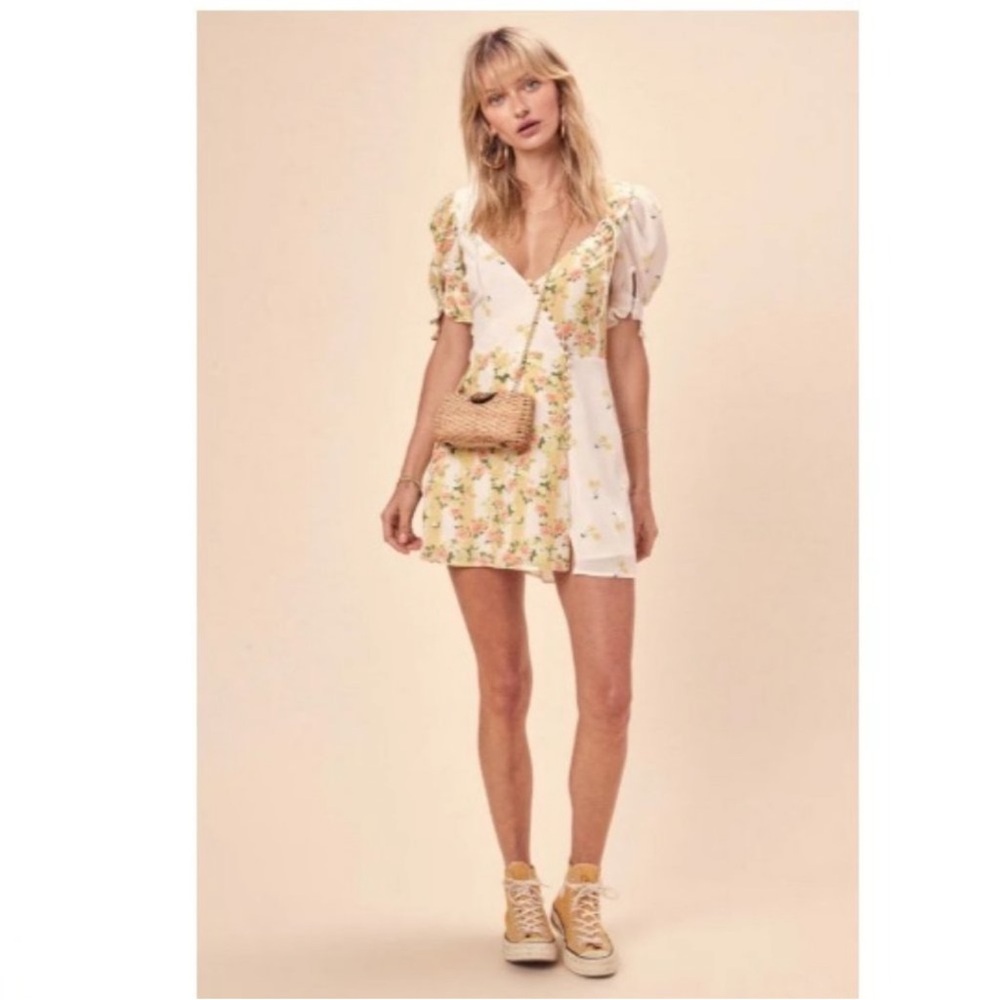 For Love & Lemons Savannah Wrap Mini Dress in Buttercreme Floral Puff Sleeve, S - Picture 3 of 15